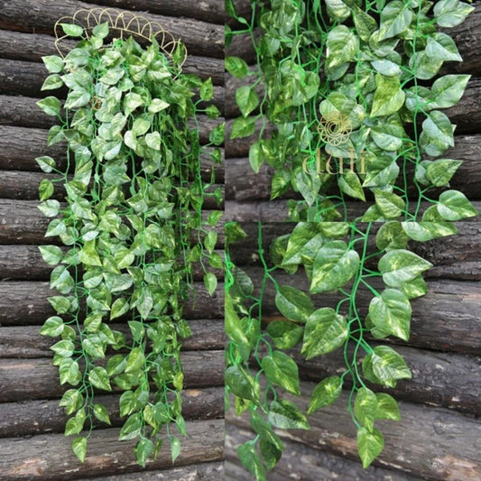 Generic Pack Of 5 Silk Polyester Artificial Money Plant Leaf Vine Hanging Garland Foliage Flowers Leaf Plants For Wall Decoration (Color: Green,Length: 15 Feet)