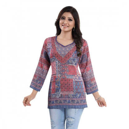Generic Women's Quarter Sleeve Faux Crepe Printed Short Kurti Tunic Top (Color:Multicolor)