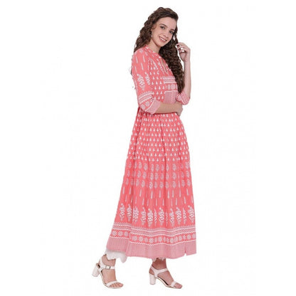 Generic Women's Cotton Printed Regular Kurti (Peach, Cotton)