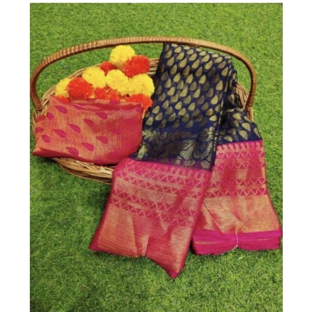 Generic Women's Viscose Rayon Printed Saree With Unstitched Blouse (Navy Blue)