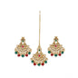 Generic Women's Rose Gold Plated Alloy Kundan Earrings &amp; Mangtikka (Red &amp; Green)