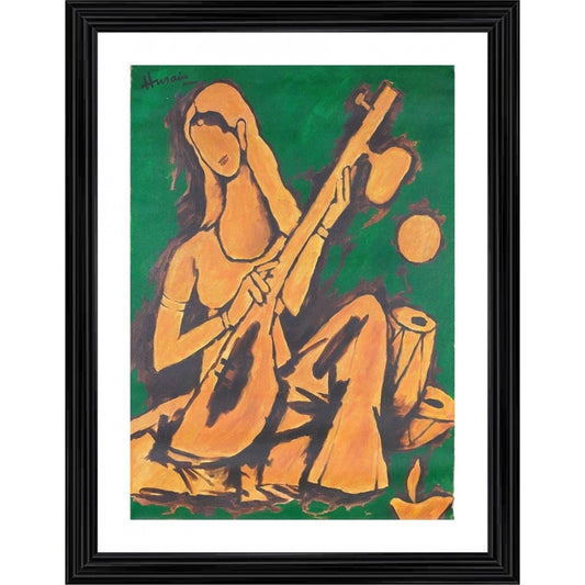 Generic Lady with Veena Painting With Wood Photo Frame (Multicolor)