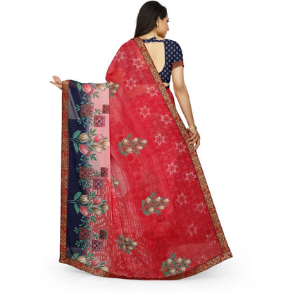 Generic Women's Georgette Floral Print Saree With Unstitched Blouse 5.5Mtr (Red-Blue)
