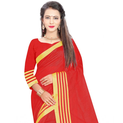 Generic Women's Jacquard Striped Saree With Unstitched Blouse 5.5Mtr (Red)
