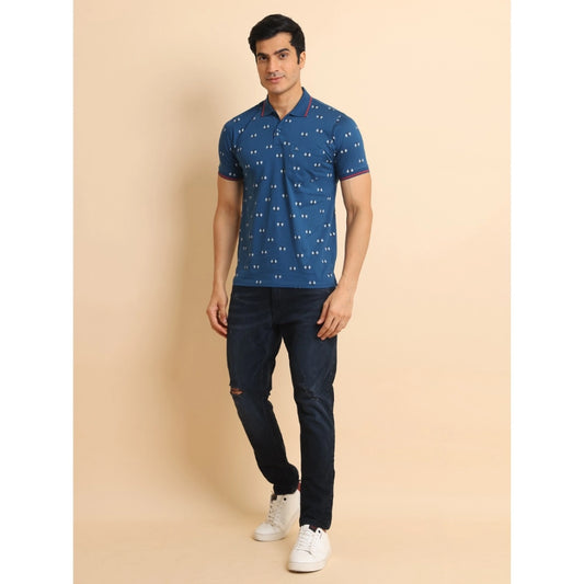 Generic Men's Casual Cotton Printed Polo Neck Half Sleeve T-Shirt (Blue)
