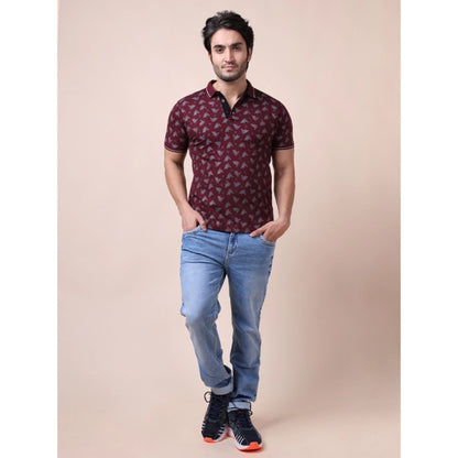 Generic Men's Casual Cotton Printed Polo Neck Half Sleeve T-Shirt (Plum)