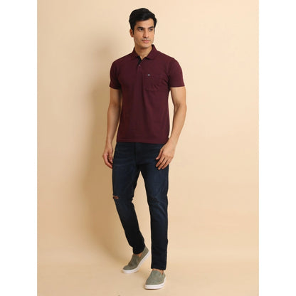Generic Men's Casual Cotton Printed Polo Neck Half Sleeve T-Shirt (Wine)