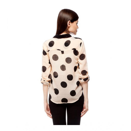 Generic Women's Polyester Polka Roll Up Sleeve Standard Length Shirt (Peach)