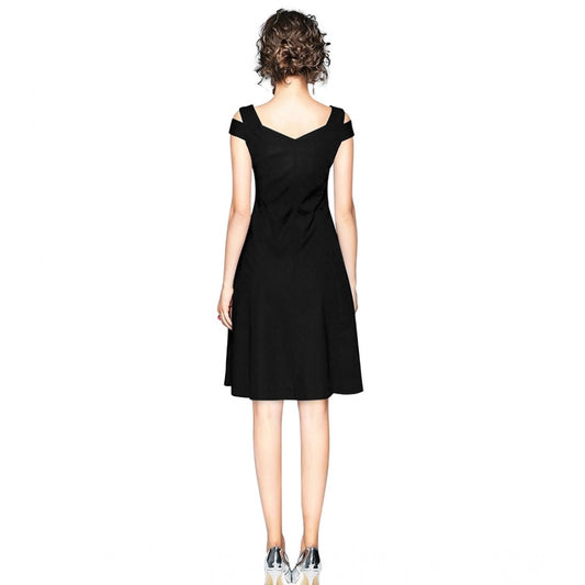 Generic Women's Polyester Solid V Neck Cap Sleeve off Shoulder Dress (Black)