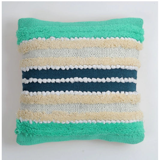 Generic Cotton Striped Handcrafted Pit Loom Cushion Cover 16x16 Inch Pack of 2 (Green Cream)