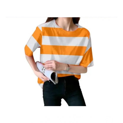 Generic Women's Lycra Striped Round Neck Short Sleeve T-Shirt (White-Orange)