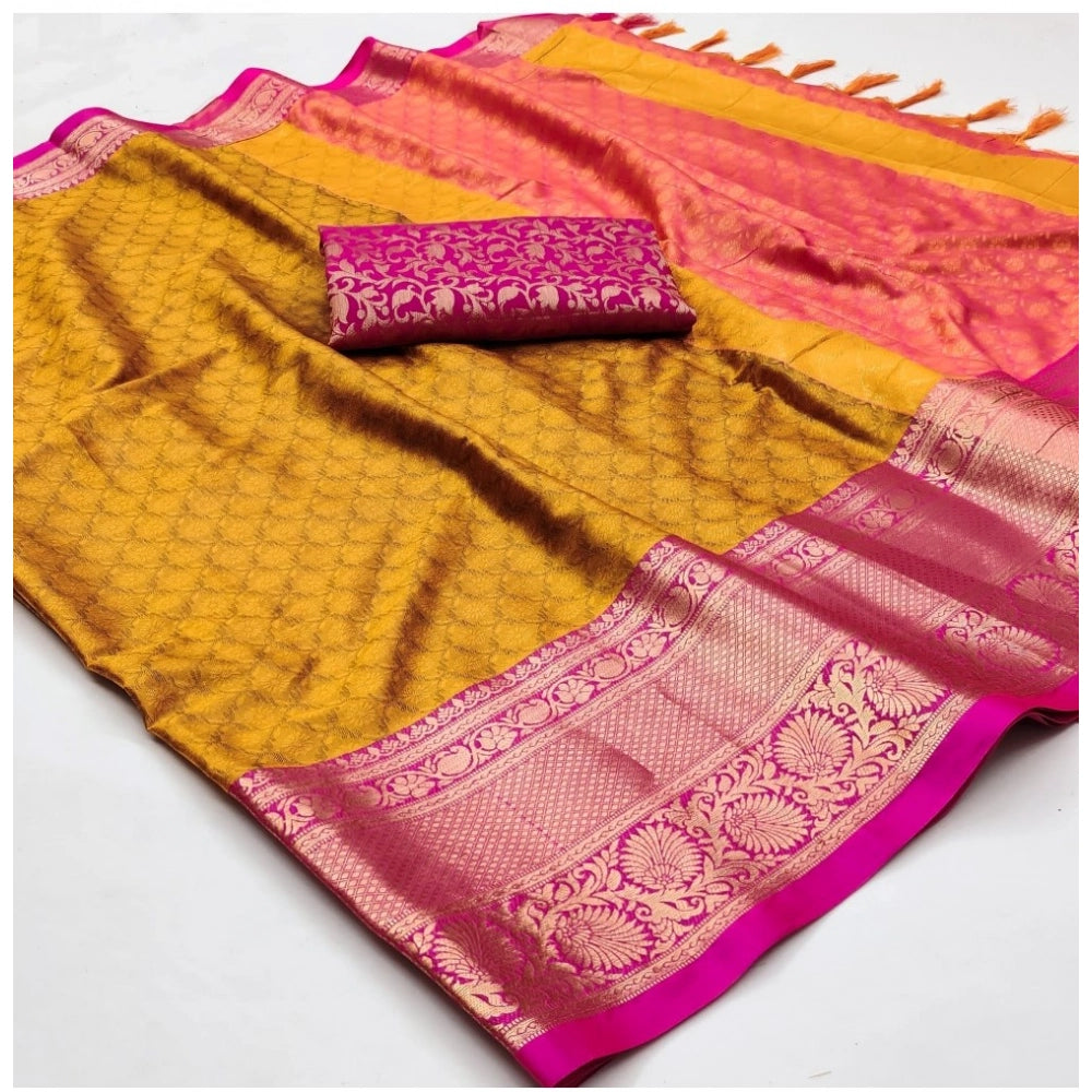 Generic Women's Cotton Silk Floral Print Saree With Unstitched Blouse 5.5Mtr (Mustard)