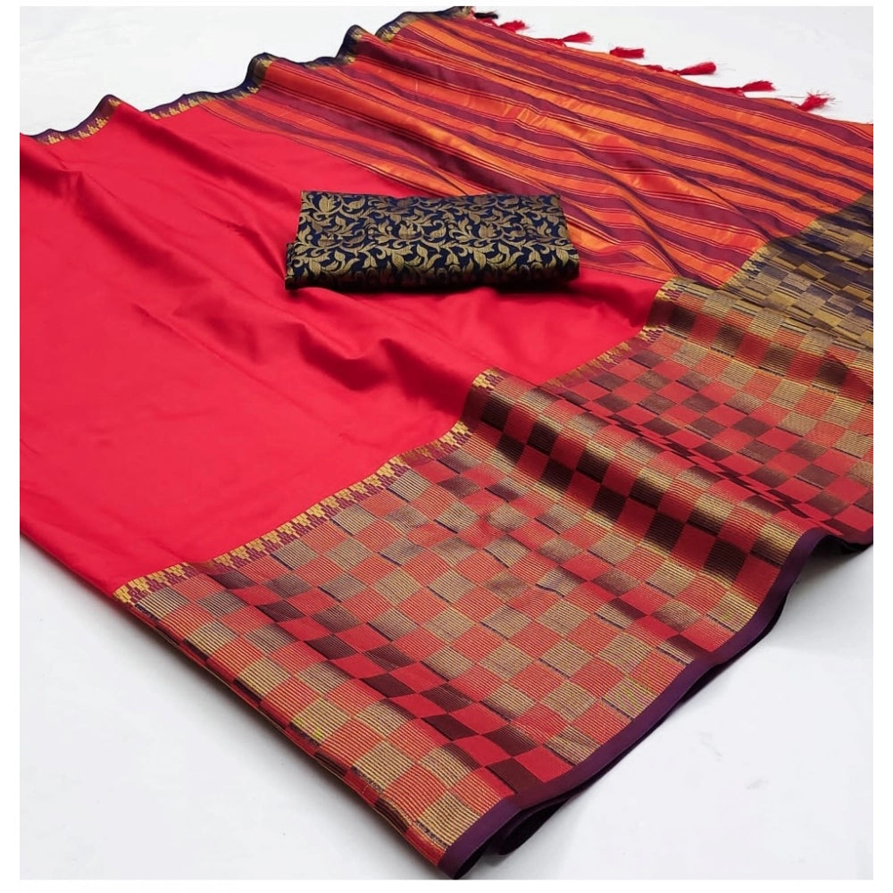 Generic Women's Cotton Silk Checkered Saree With Unstitched Blouse 5.5Mtr (Red)