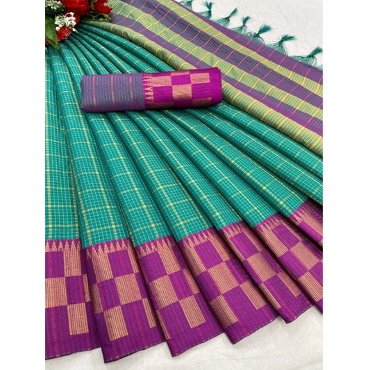 Generic Women's Cotton Silk Printed Saree With Unstitched Blouse 5.5Mtr (Green-Purple)