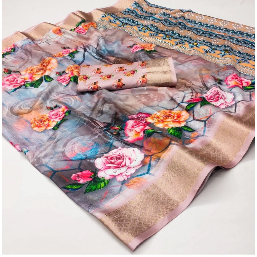 Generic Women's Cotton Silk Printed Saree With Unstitched Blouse 5.5Mtr (Multicolor)