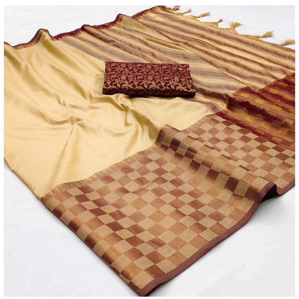 Generic Women's Cotton Silk Checkered Saree With Unstitched Blouse 5.5Mtr (Gold)