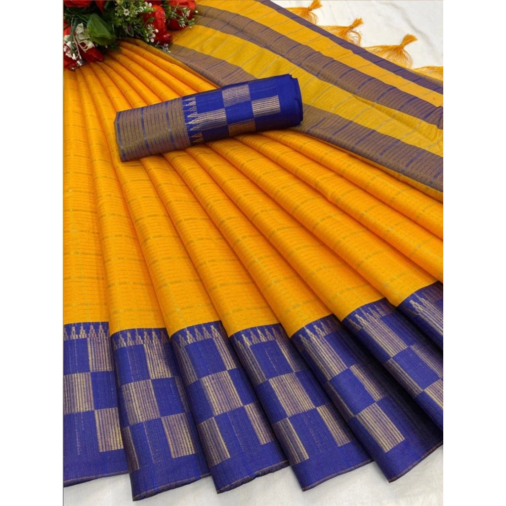 Generic Women's Cotton Silk Printed Saree With Unstitched Blouse 5.5Mtr (Gold-Blue)