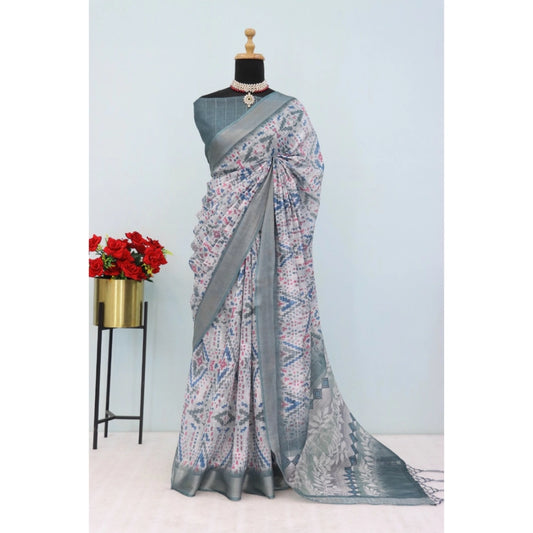 Generic Women's Linen Digital Print Saree With Unstitched Blouse 5.5Mtr (Grey)
