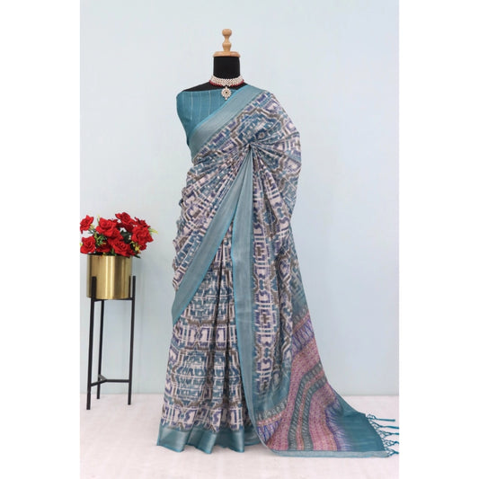 Generic Women's Linen Digital Print Saree With Unstitched Blouse 5.5Mtr (Green)