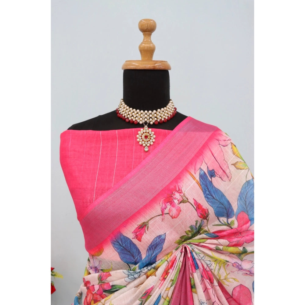 Generic Women's Linen Digital Print Saree With Unstitched Blouse 5.5Mtr (pink)