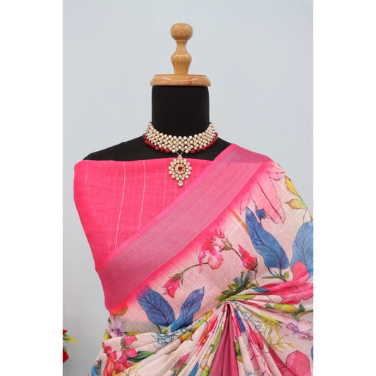 Generic Women's Linen Digital Print Saree With Unstitched Blouse 5.5Mtr (pink)
