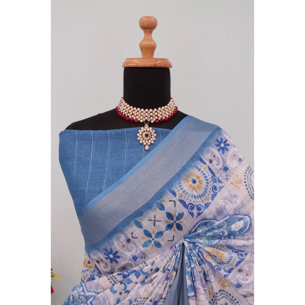 Generic Women's Linen Digital Print Saree With Unstitched Blouse 5.5Mtr (Blue)
