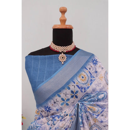 Generic Women's Linen Digital Print Saree With Unstitched Blouse 5.5Mtr (Blue)