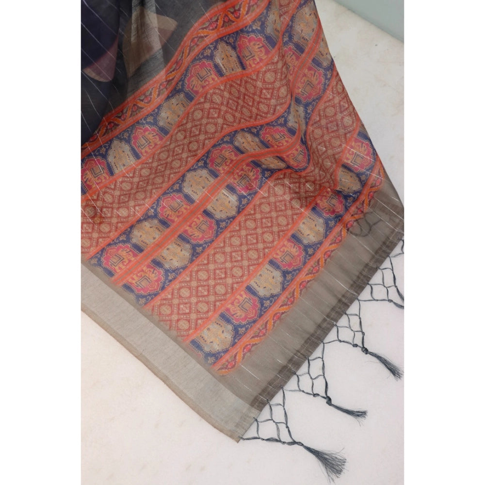 Generic Women's Linen Digital Print Saree With Unstitched Blouse 5.5Mtr (Blue)