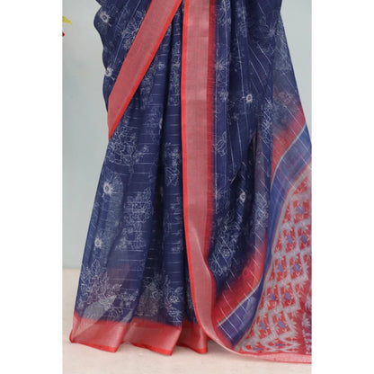 Generic Women's Linen Digital Print Saree With Unstitched Blouse 5.5Mtr (Blue)