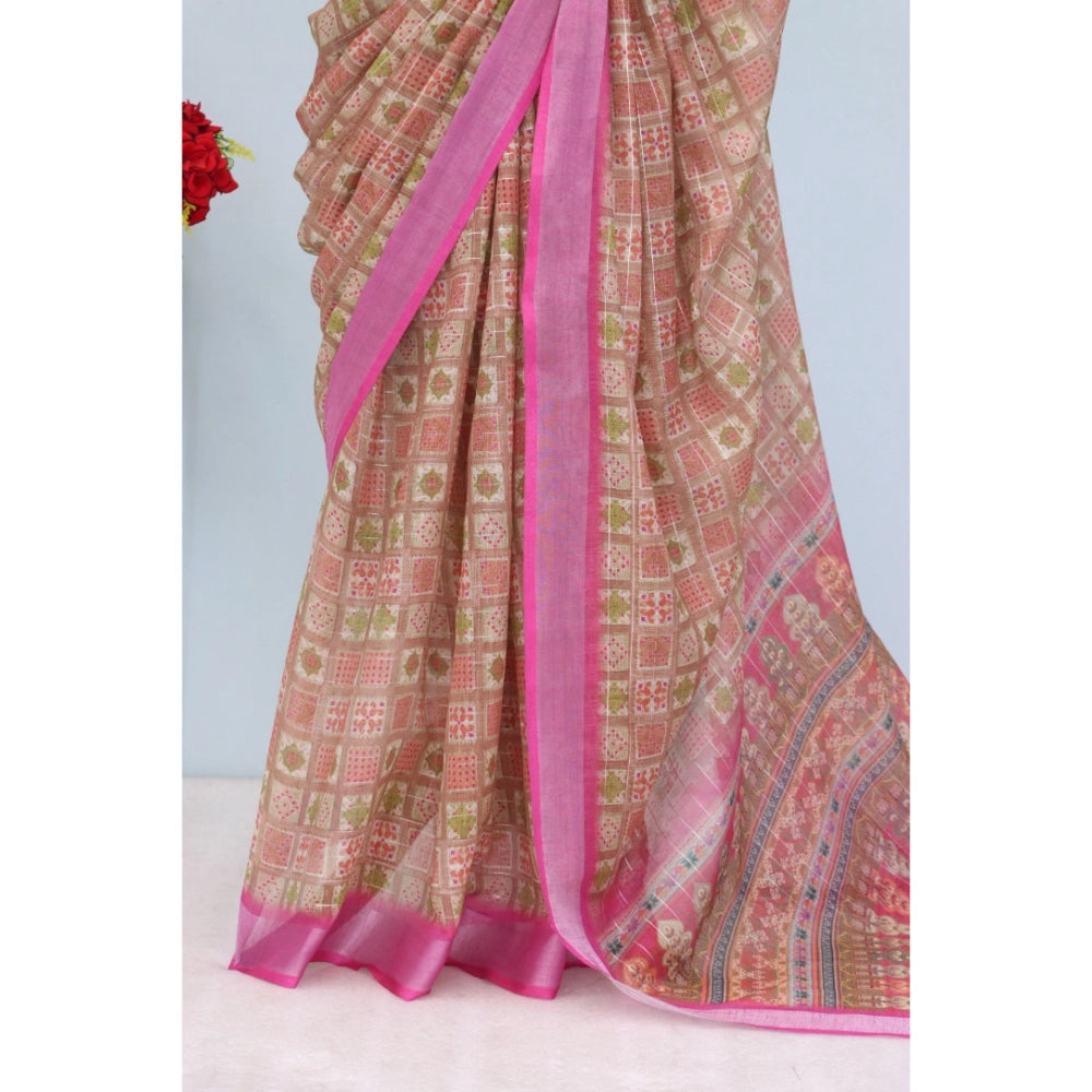 Generic Women's Linen Digital Print Saree With Unstitched Blouse 5.5Mtr (Pink)