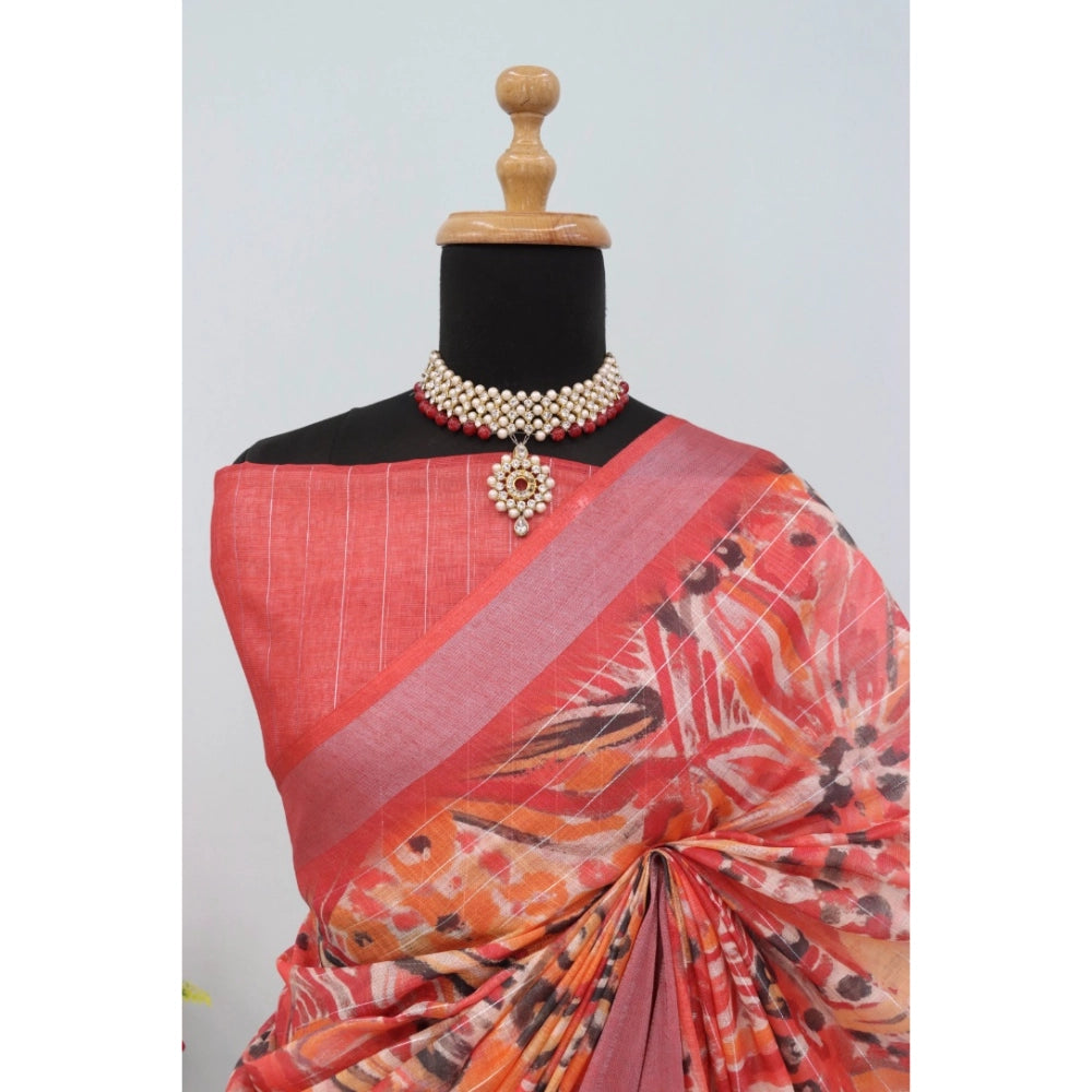 Generic Women's Linen Digital Print Saree With Unstitched Blouse 5.5Mtr (Pink)