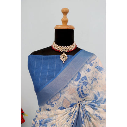 Generic Women's Linen Digital Print Saree With Unstitched Blouse 5.5Mtr (Blue)