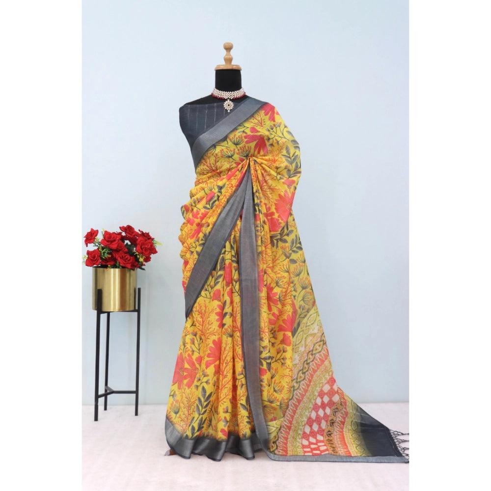 Generic Women's Linen Digital Print Saree With Unstitched Blouse 5.5Mtr (Multicolor)