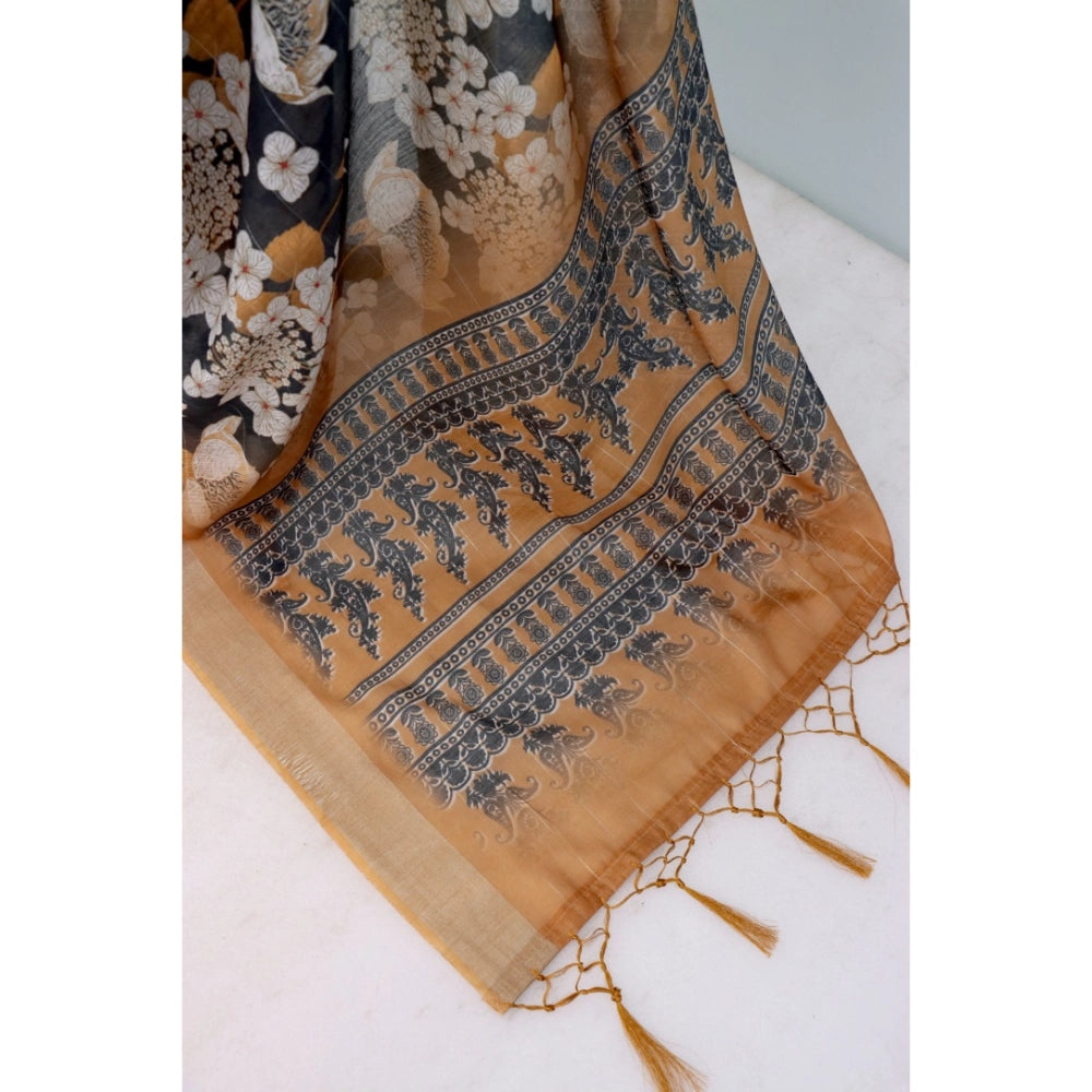 Generic Women's Linen Digital Print Saree With Unstitched Blouse 5.5Mtr (Black)