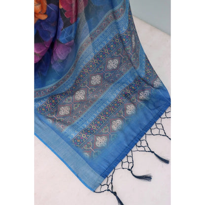 Generic Women's Linen Digital Print Saree With Unstitched Blouse 5.5Mtr (Blue)