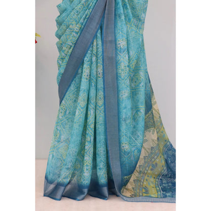 Generic Women's Linen Digital Print Saree With Unstitched Blouse 5.5Mtr (Sky Blue)