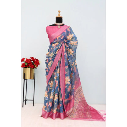 Generic Women's Linen Digital Print Saree With Unstitched Blouse 5.5Mtr (Blue)