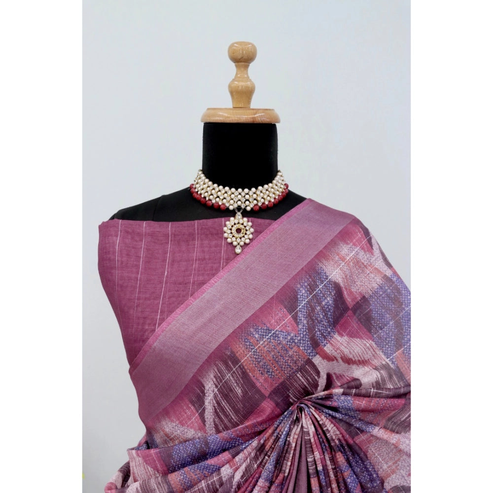 Generic Women's Linen Digital Print Saree With Unstitched Blouse 5.5Mtr (Pink)