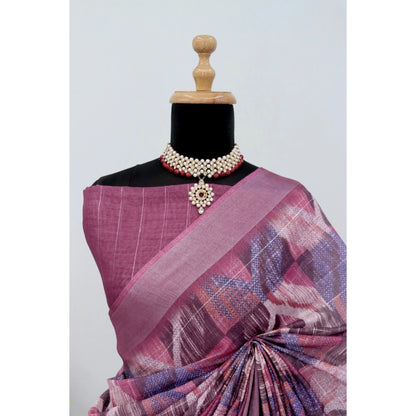 Generic Women's Linen Digital Print Saree With Unstitched Blouse 5.5Mtr (Pink)