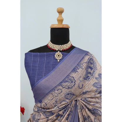 Generic Women's Linen Digital Print Saree With Unstitched Blouse 5.5Mtr (Blue)