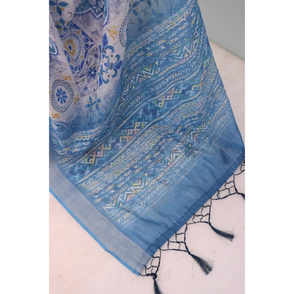 Generic Women's Linen Digital Print Saree With Unstitched Blouse 5.5Mtr (Blue)