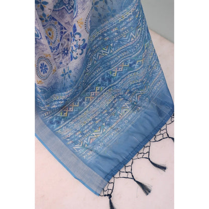 Generic Women's Linen Digital Print Saree With Unstitched Blouse 5.5Mtr (Blue)