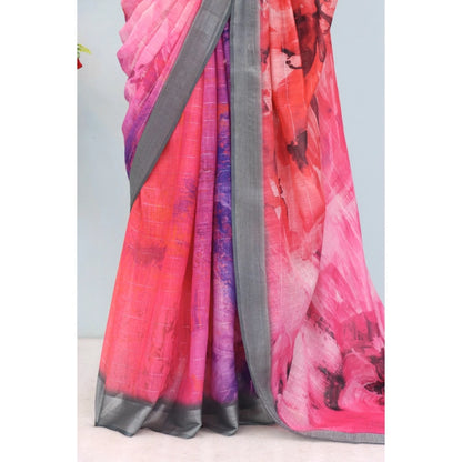Generic Women's Linen Digital Print Saree With Unstitched Blouse 5.5Mtr (Pink)