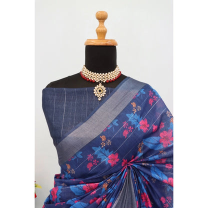 Generic Women's Linen Digital Print Saree With Unstitched Blouse 5.5Mtr (Blue)