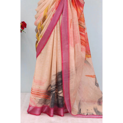 Generic Women's Linen Digital Print Saree With Unstitched Blouse 5.5Mtr (Multicolor)