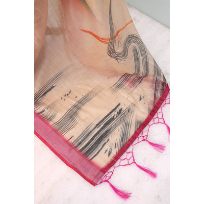 Generic Women's Linen Digital Print Saree With Unstitched Blouse 5.5Mtr (Multicolor)