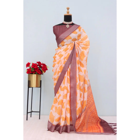 Generic Women's Linen Digital Print Saree With Unstitched Blouse 5.5Mtr (Orange)