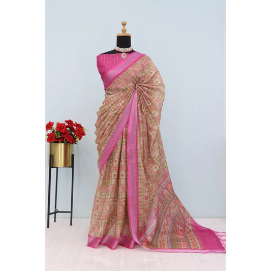 Generic Women's Linen Digital Print Saree With Unstitched Blouse 5.5Mtr (Pink)