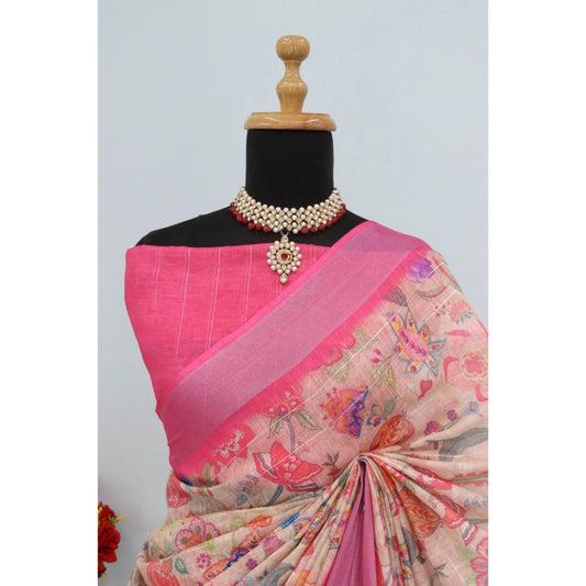 Generic Women's Linen Digital Print Saree With Unstitched Blouse 5.5Mtr (Pink)