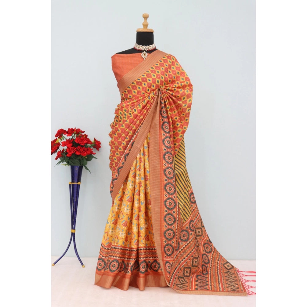 Generic Women's Mysore Silk  Digital Print Saree With Unstitched Blouse 5.5Mtr (Orange)